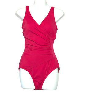 Jensen Classics Ruched One Piece Swimsuit Womens 10 Hot Pink Surplice Control